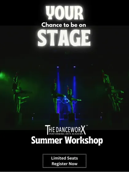 A poster for the Summer Workshop, with the tagline "Your Chance to be on Stage." The image shows dancers in a dramatic, professionally lit stage setting, highlighting the performance opportunity that is a key feature of the workshop.