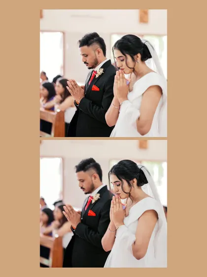 A solemn moment of prayer for the bride and groom during their Catholic wedding ceremony.