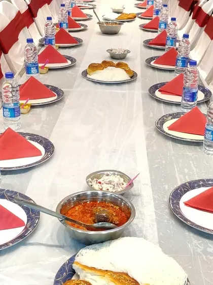A breakfast or light meal setup for an engagement at Petal's Party Hall. The red and white theme is simple, clean, and perfect for a morning function.