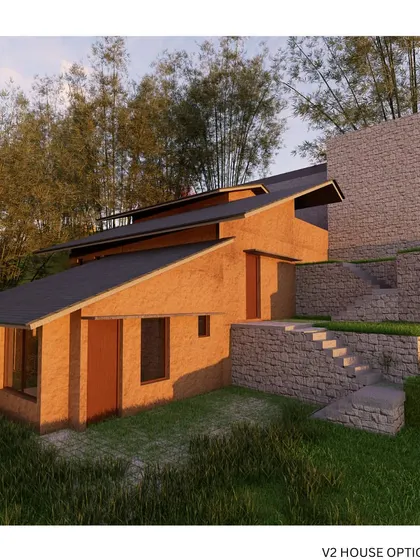 A render of the V2 House in Katteri, designed as a workation home on a steep hillside. This option uses random rubble masonry and a sloped roof to blend with the natural terrain, demonstrating an architecture that is humble to the force of nature.