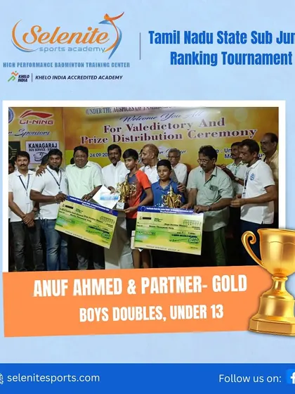 Anuf Ahmed celebrating his double gold medal victories in both singles and doubles at the Tamil Nadu State Sub Junior Ranking Tournament.