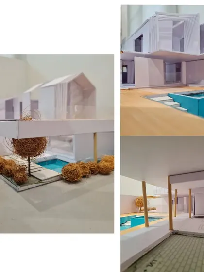A collage of the farmhouse model, showing different angles of the structure, the water body, and the relationship between the indoor and outdoor spaces.