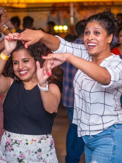 A group of ladies learning a fun shines combination together. Group animations are a great way to get everyone dancing.