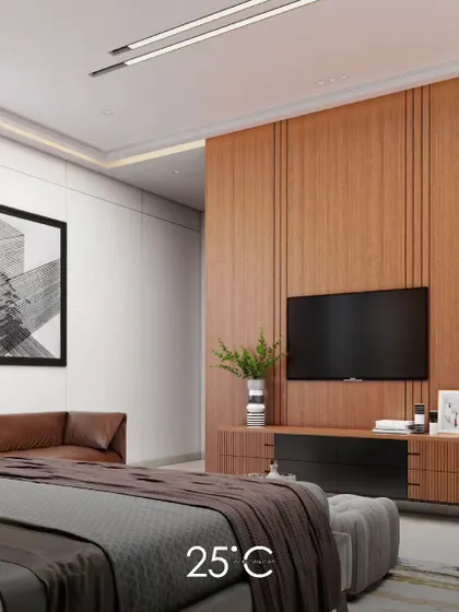 This bedroom design uses a warm and natural palette, with a wood-paneled feature wall for the entertainment unit. The clean lines and simple forms create a comfortable and modern space that feels like a private retreat.