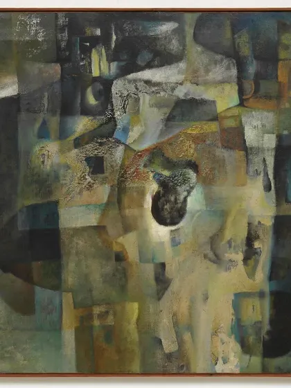 'Synchoptic Formula (Cityscape),' a 1965 oil on canvas by Bikash Bhattacharjee. Influenced by the alla prima method, the artist uses thick, opaque colors and spontaneous brushstrokes to complete the painting in almost one session.