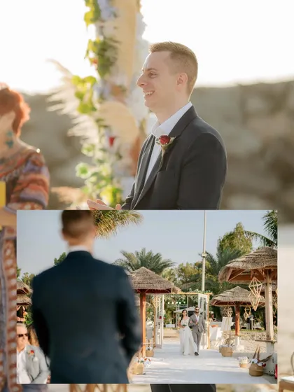 The groom's emotional and happy reaction as he sees his bride walking down the aisle.