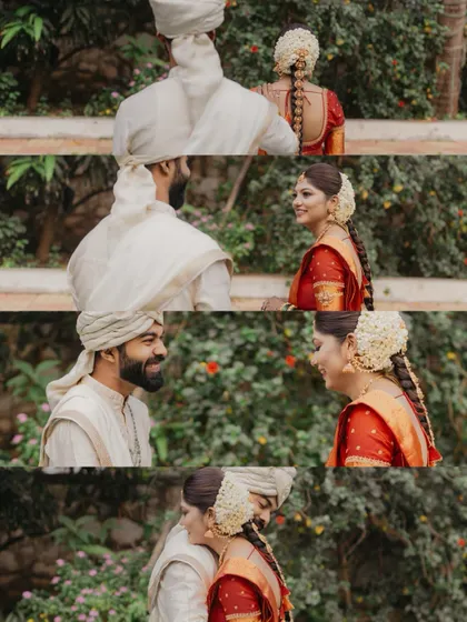 A sequence of candid moments capturing the couple's first look and their joyful, loving interactions.