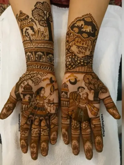 A full story for Karwa Chauth. This elaborate design depicts the entire ritual, from the woman looking at the moon to the couple celebrating together.