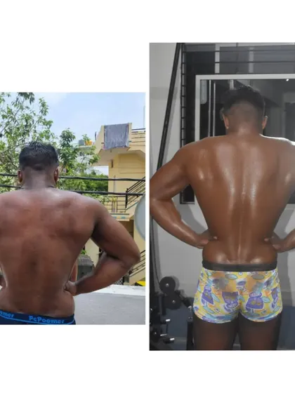 This back pose comparison shows the progress in muscle toning and definition after just one month of hard work.