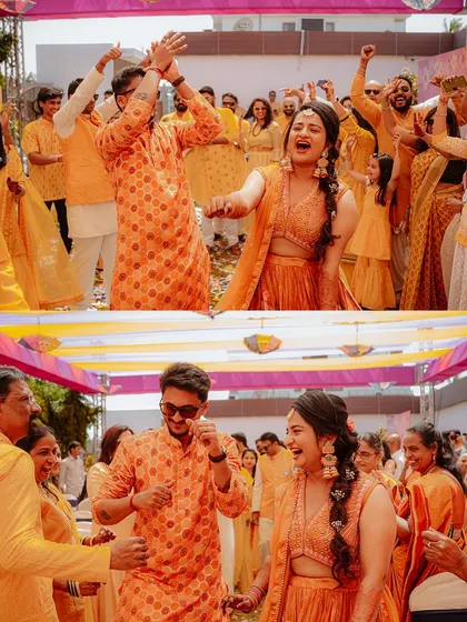 A duplicate of image 35, showcasing the fun and masti of a Haldi party with the couple leading the dance.