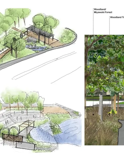 These initial concept sketches for the TVS Electronics masterplan explore ideas for a woodland trail and an amphitheater near a water body. This is where the first thoughts on form and space take shape.