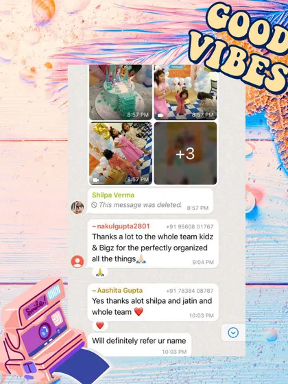 A screenshot of appreciative WhatsApp messages from clients after their event, thanking the whole team for a perfectly organized party.