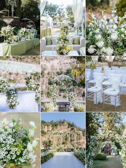 A collage showcasing the beautiful, all-white floral decor for a wedding ceremony set against the rustic, hilly landscape of Jim Corbett.