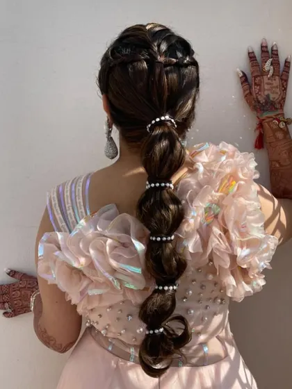 A playful yet intricate balloon ponytail is a fantastic choice for a Mehendi or Haldi function. I used pearl accessories to define each section, adding a touch of elegance to this fun hairstyle.
