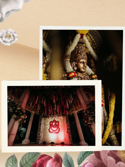 A collage showcasing the divine elements of our mandap designs, from the central Ganesha motif to the beautifully adorned goddess idols that bless the ceremony.