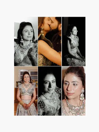 A collage of the bride's portraits and a candid kissing shot from the Qawali night. The mix of color and black and white captures the different moods of the evening.
