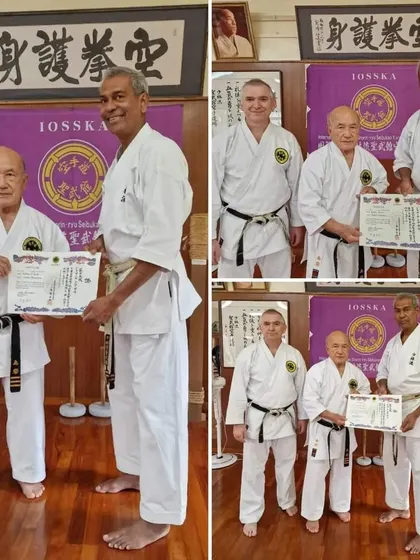A collage celebrating the promotion of Sensei Jamal Measara to the rank of Hanshi, 9th Dan. This shows the path of lifelong dedication within our Seibukan community.