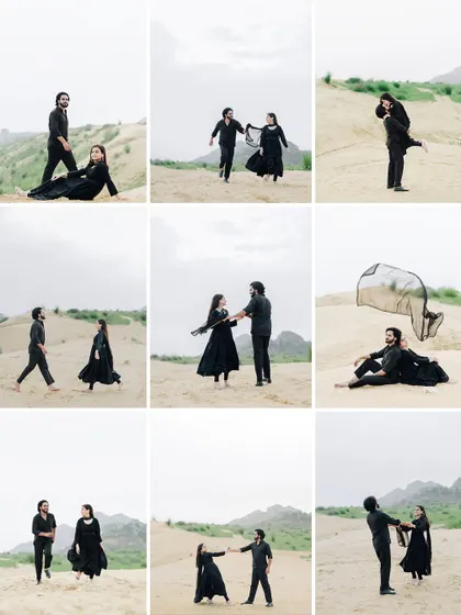A dynamic grid collage from a sand dune shoot, showing a variety of playful and artistic poses that capture movement and emotion.