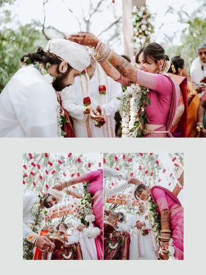 A collage of the 'talambralu' ritual, showing the fun and playful showering of rice.
