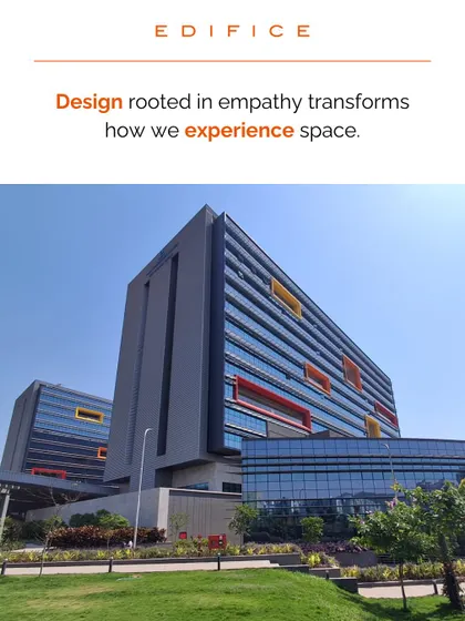 Our design for this corporate campus in Pune transforms the urban skyline. The building's facade features colorful, recessed window boxes that add a playful yet structured rhythm to the large glass surfaces, demonstrating how empathy and creativity can shape large-scale architecture.