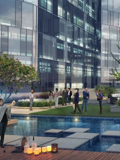 This image captures the social potential of mixed-use design. A rooftop terrace provides a space for informal gatherings and events, transforming a commercial building into a community asset.