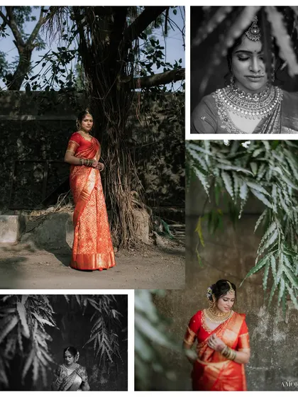 A collection of bridal portraits in a natural setting. The mix of color and black and white, along with the leafy foreground, adds an artistic and organic feel.