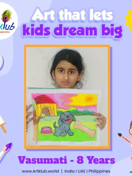 Eight-year-old Vasumati's art lets her dream big, as seen in this heartwarming drawing of her dog in the yard.