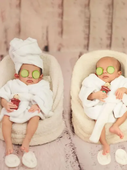 Double the relaxation. A spa day for twins is twice the fun and twice the cuteness. I carefully pose them to look like two friends enjoying a day of pampering.