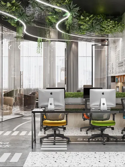 A view of the open-plan office, showing the seamless integration of workstations and glass-partitioned meeting areas. The render helps visualize the flow and transparency of the workspace.