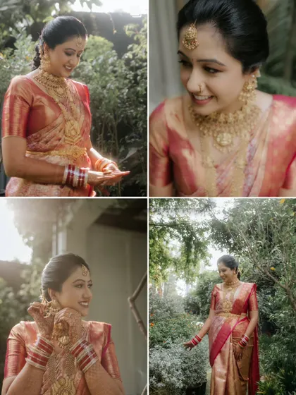 A collage of the beautiful South Indian bride, Shubhangini, capturing her happy smiles and elegant poses in a lush garden setting.
