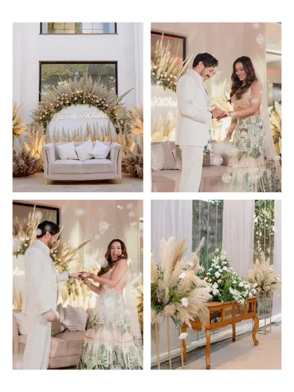 A collage showcasing the beautiful, rustic-chic decor and happy moments from an intimate engagement ceremony.