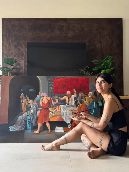 A happy moment in the studio. Painting is truly what keeps me sane and brings me so much joy, especially when a large, complex piece starts coming together.