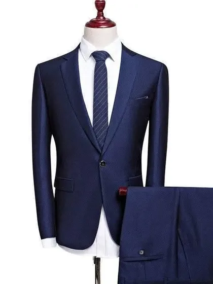 A classic navy blue two-piece suit. You can never go wrong with this choice for formal or business wear.