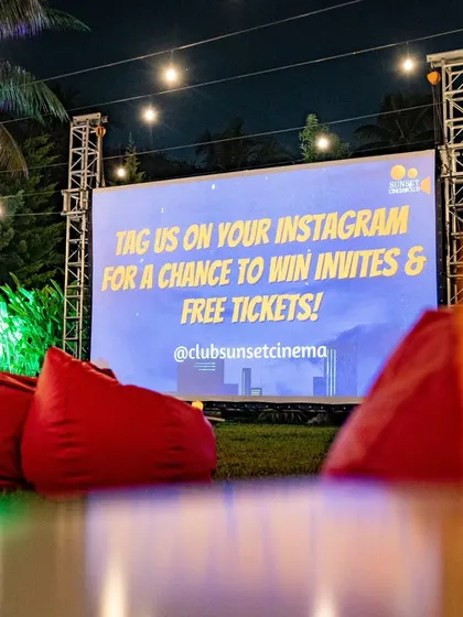 Our giant screen is ready for the show. We partner with Sunset Cinema Club to bring you the best movies.