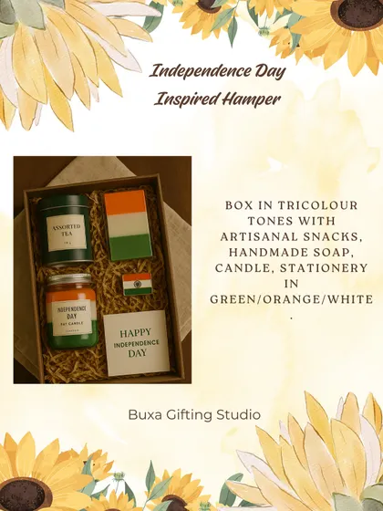 An Independence Day inspired hamper idea, with items in tricolor tones like artisanal snacks, handmade soap, and stationery.