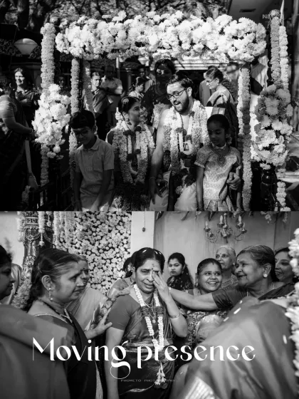 A moving black and white collage capturing the emotional moments of a wedding, from the ceremony to a mother's tearful blessing.