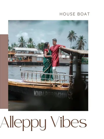 Capturing the iconic "Alleppey vibes" with a portrait of the couple on a traditional houseboat, surrounded by the serene backwaters of Kerala.