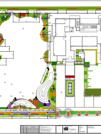A detailed layout plan for a landscaping project in Chattarpur Farms, Delhi. This technical drawing maps out every element, from plant beds and pathways to structures and green areas.