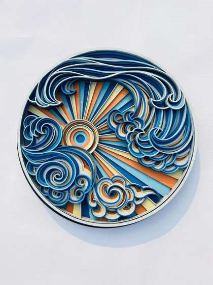 A full, straight-on view of the Sea Wave layered artwork. This piece is a stunning example of what is possible with layered paper and wood art.