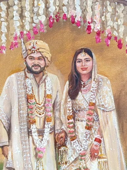 A close-up on the couple from the Heritage Village Resort painting. Capturing the texture of the groom's turban and the bride's jewelry is key to the realistic effect.