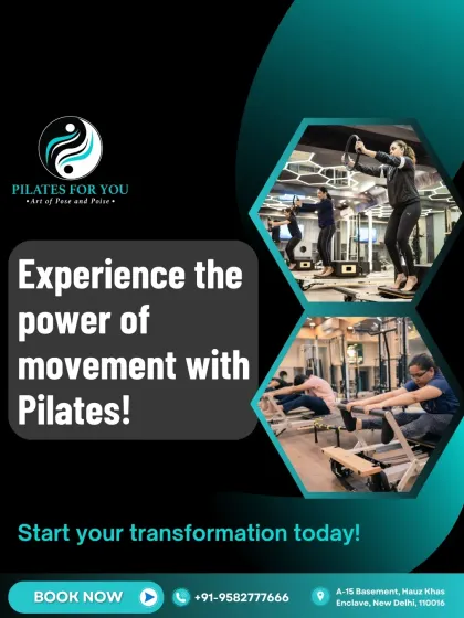 Experience the power of movement. This graphic showcases different exercises and invites you to start your transformation with Pilates today.
