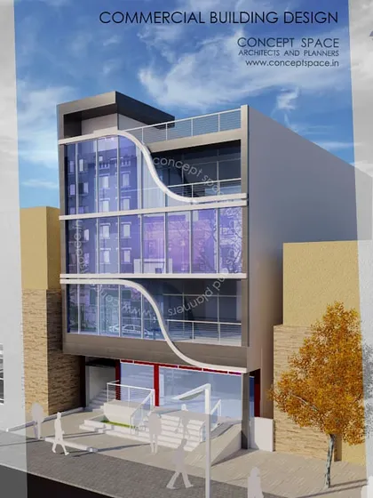 This 3D render shows another commercial building facade design. The concept features a dynamic, wave-like element on the glass exterior, adding a sense of movement and uniqueness to the structure.