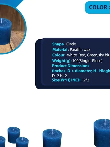 A product view of my 2x2 inch blue pillar candle. This size is very popular for adding small accents of color to table settings or for use in gift baskets.
