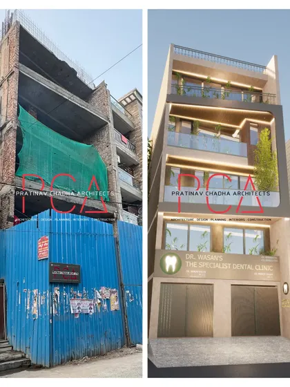 A before-and-after comparison of the Mukherjee Nagar residence, showing the transformation from a raw structure to the visualized final facade. This highlights the impact of my turnkey design and build process.