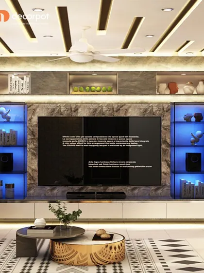 A grand entertainment unit designed for the ultimate media experience. It features a stone-textured back panel and is flanked by glass display cabinets with striking blue LED lighting.