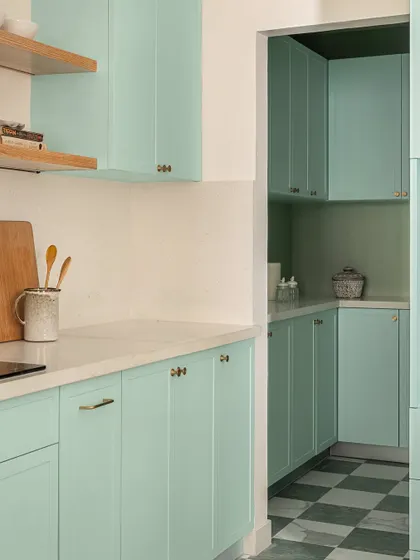 We tucked a cozy walk-in pantry into the kitchen, one of our favorite functional additions. It provides ample storage while maintaining the clean and organized feel of the main kitchen area.