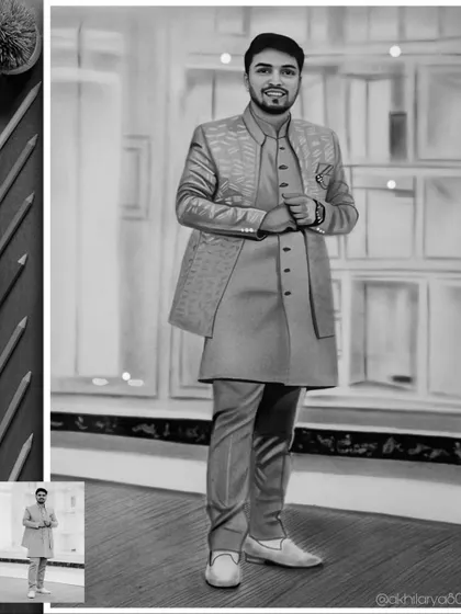 A full-length portrait of a groom in his wedding attire. This A3 graphite sketch captures all the details of his sherwani in a classic black and white style.