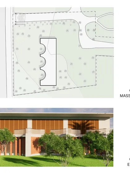 A design option for a commercial rental space at Illuri Farms. This scheme crescents around the existing trees, creating an internal poche space and demonstrating how to build in harmony with nature.