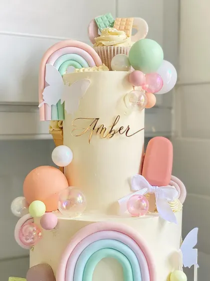 A close-up of the top tier of Amber's first birthday cake.