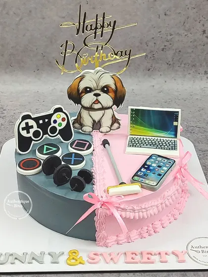 A half-and-half cake for a brother and sister. One side is dedicated to gaming and fitness, while the other is a pink vintage design, with a cute dog sitting in the middle.